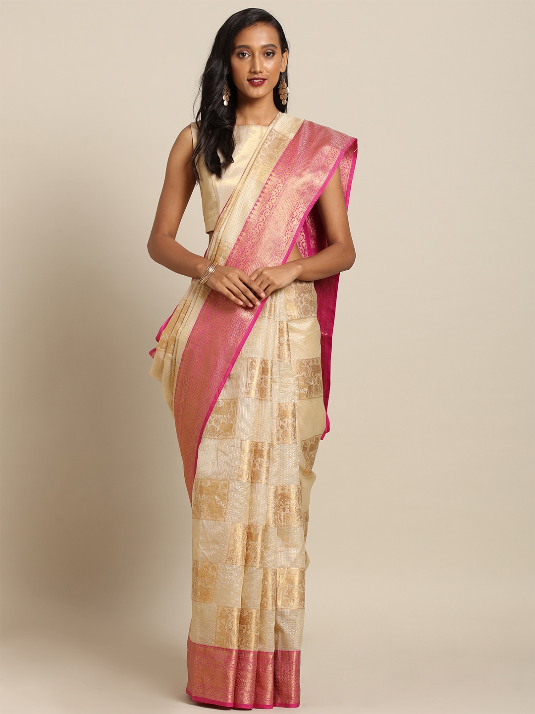 VASTRANAND Beige & Pink Silk Blend Woven Design Kanjeevaram Saree
