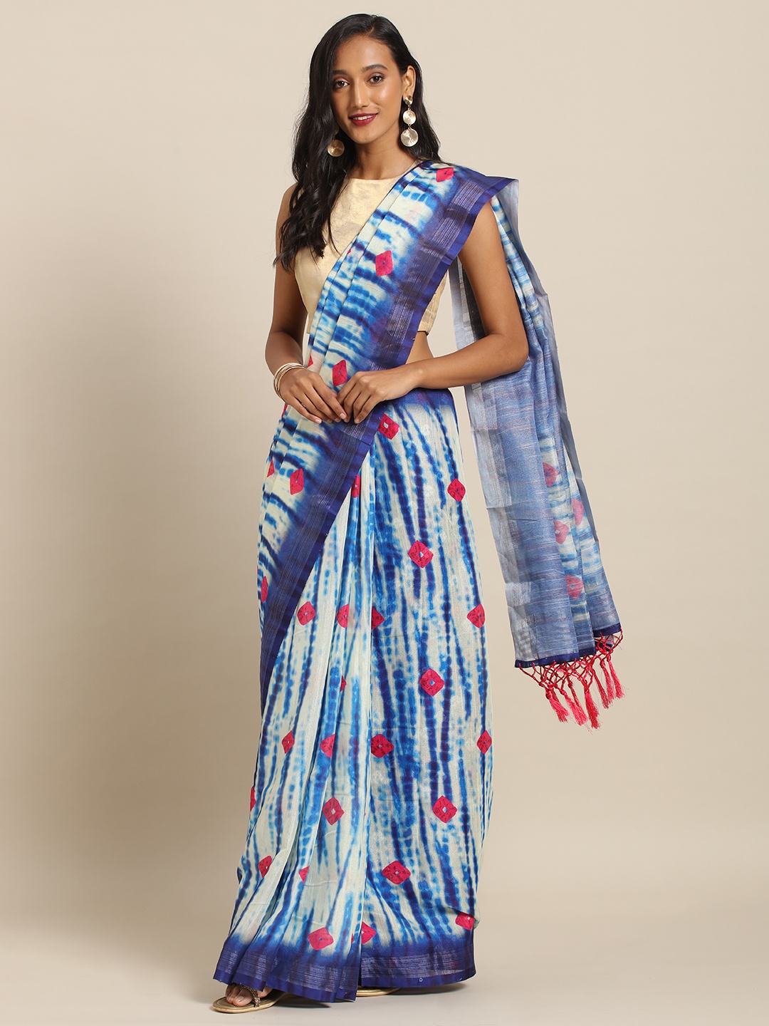 

VASTRANAND Blue & White Linen Blend Printed Shibori Saree