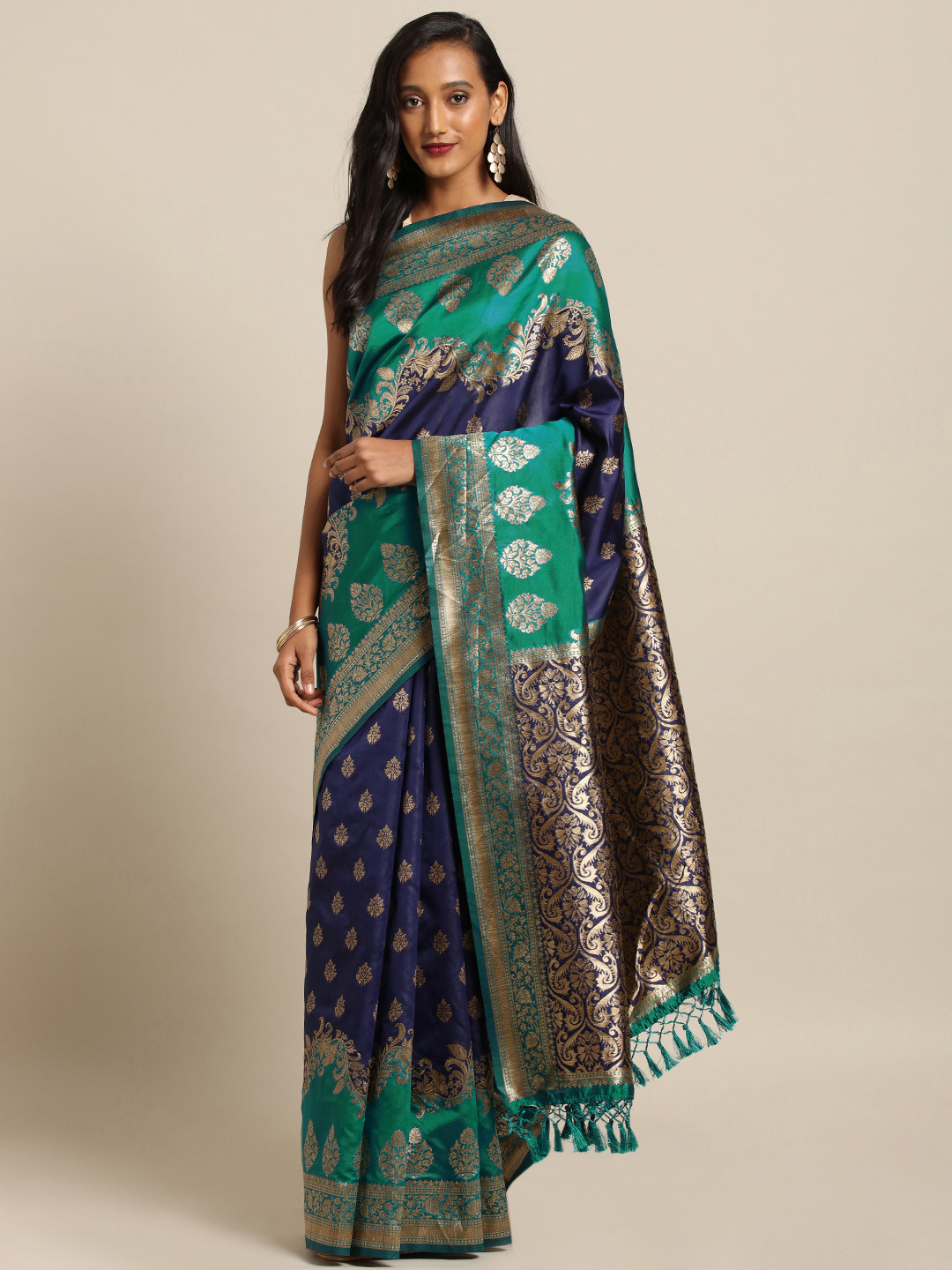 

VASTRANAND Navy Blue & Green Silk Blend Woven Design Banarasi Saree