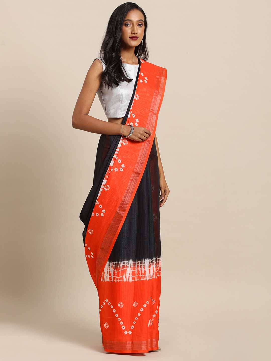 

VASTRANAND Black & Orange Linen Blend Ikat Shibori Printed Bandhani Saree