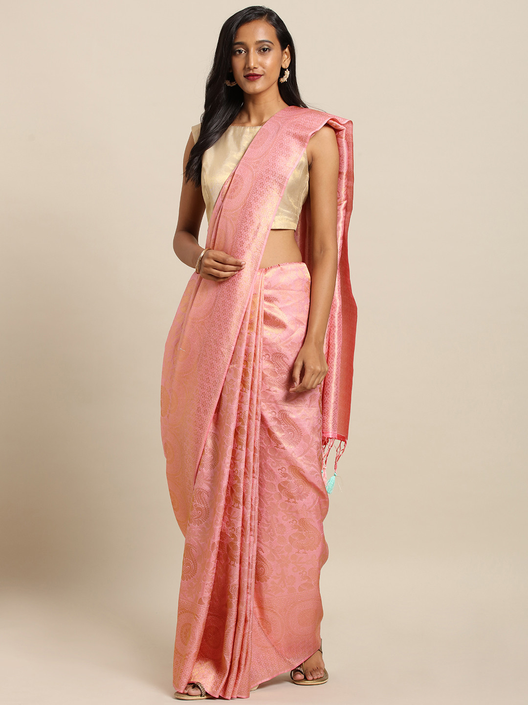 

VASTRANAND Pink & Gold-Toned Silk Blend Woven Design Baluchari Saree