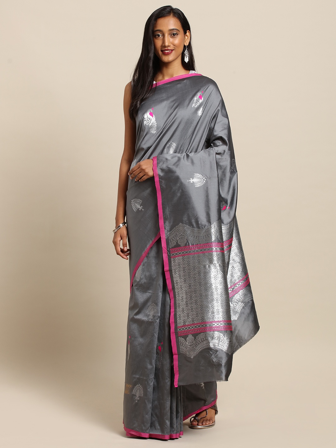 

VASTRANAND Grey & Silver-Toned Silk Blend Woven Design Kanjeevaram Saree
