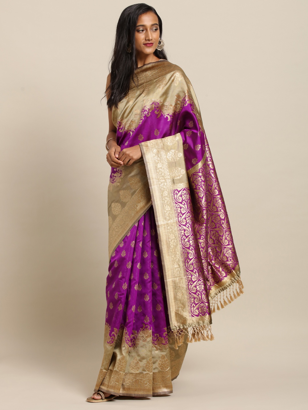 

VASTRANAND Purple & Beige Silk Blend Woven Design Banarasi Saree