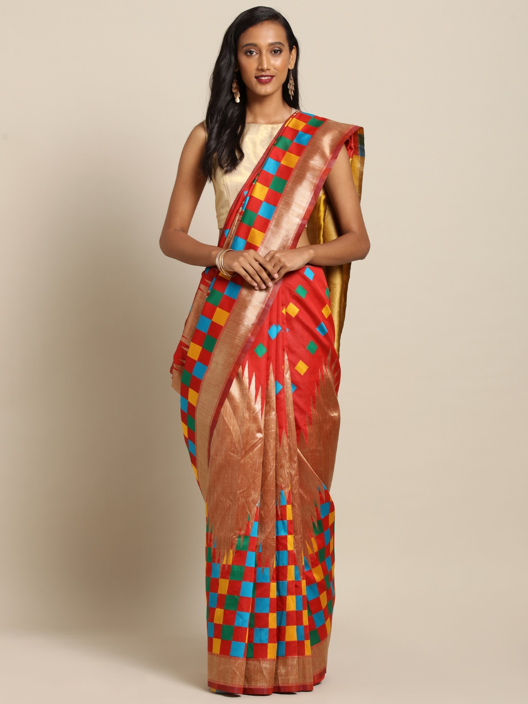 

VASTRANAND Red & Blue Silk Blend Checked Banarasi Saree