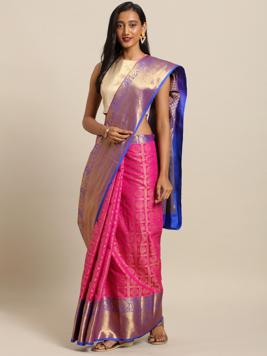 VASTRANAND Pink & Blue Silk Blend Checked Kanjeevaram Saree