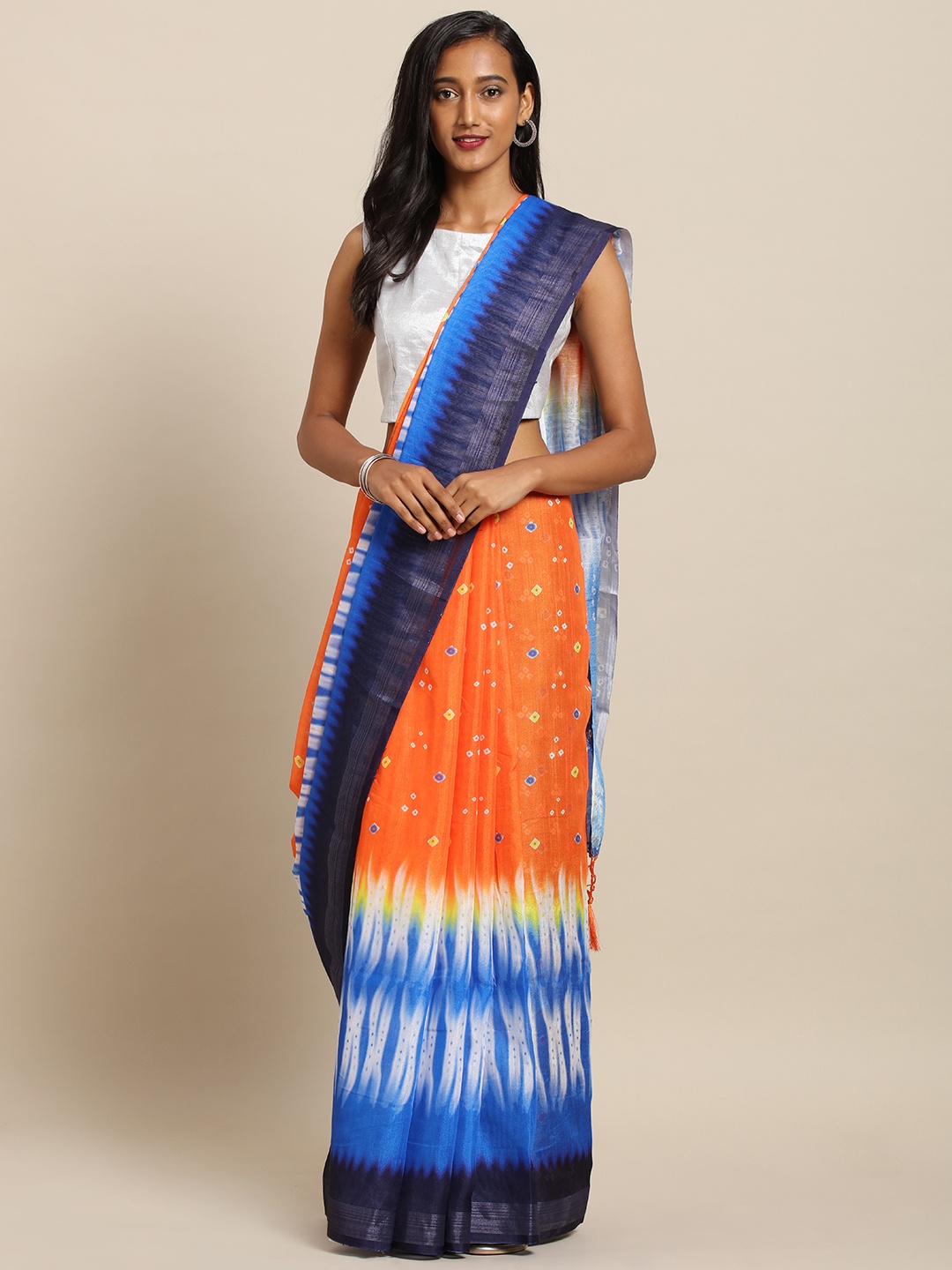 

VASTRANAND Orange & Blue Linen Blend Printed Bandhani Saree