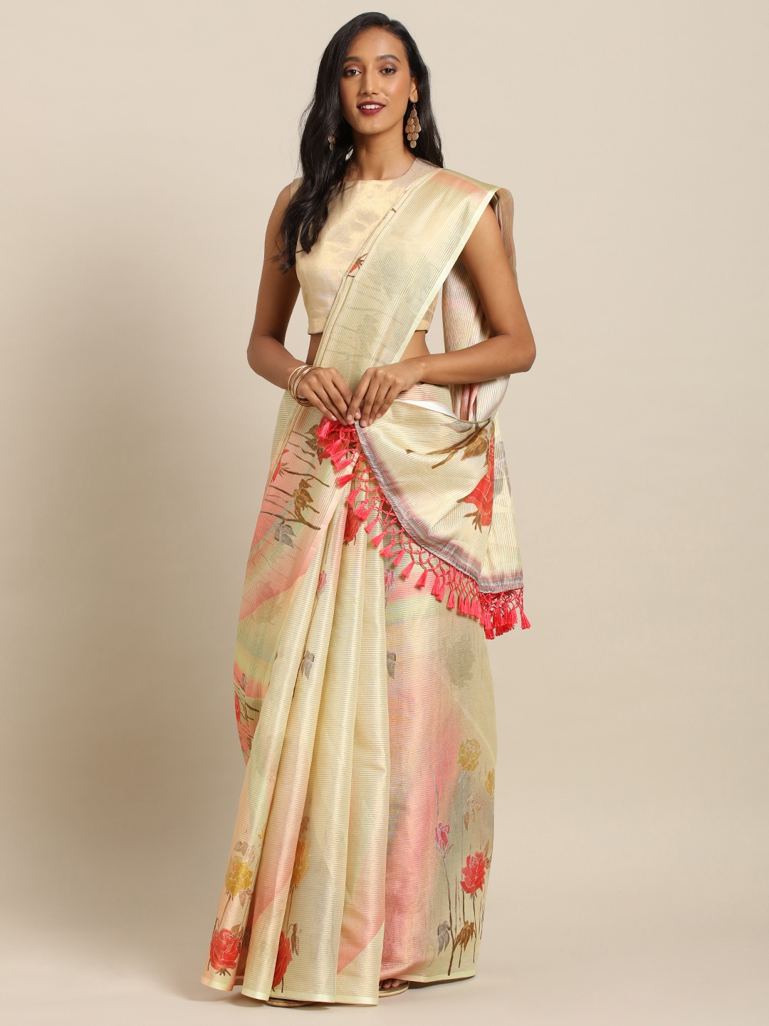 

VASTRANAND Yellow & Red Art Silk Floral Digital Printed Maheshwari Saree