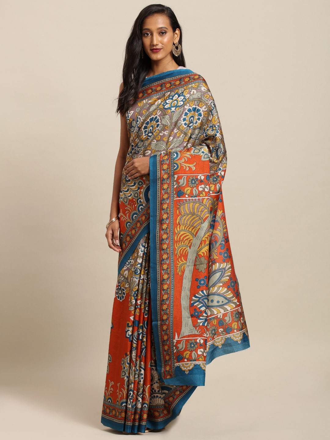 

VASTRANAND Orange & Green Linen Blend Printed Chanderi Saree