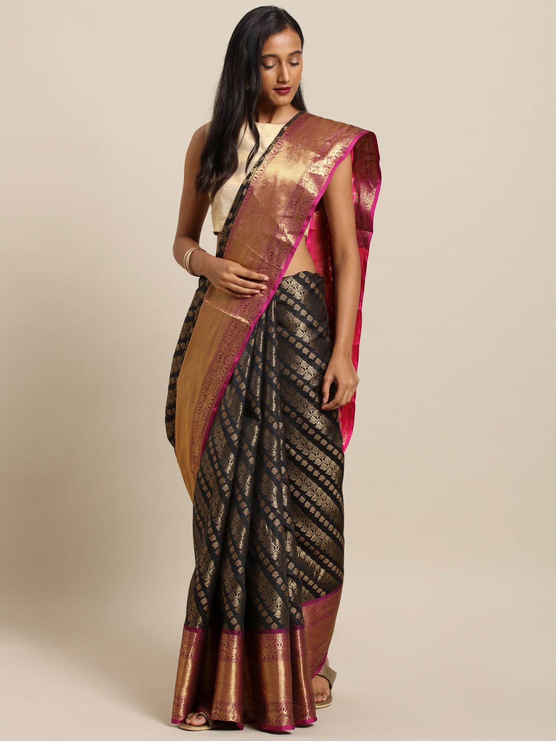 VASTRANAND Black & Pink Silk Blend Woven Design Wedding Kanjeevaram Saree