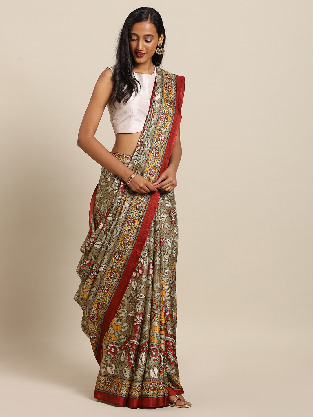 

VASTRANAND Beige & Red Linen Blend Kalamkari Printed Chanderi Saree