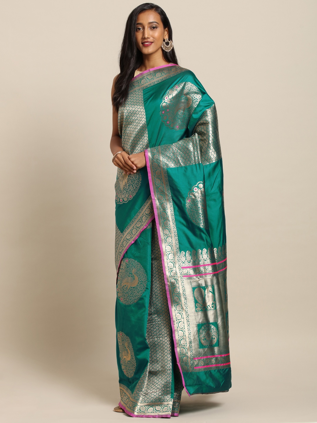 

VASTRANAND Teal Green & Gold-Toned Silk Blend Woven Design Kanjeevaram Saree