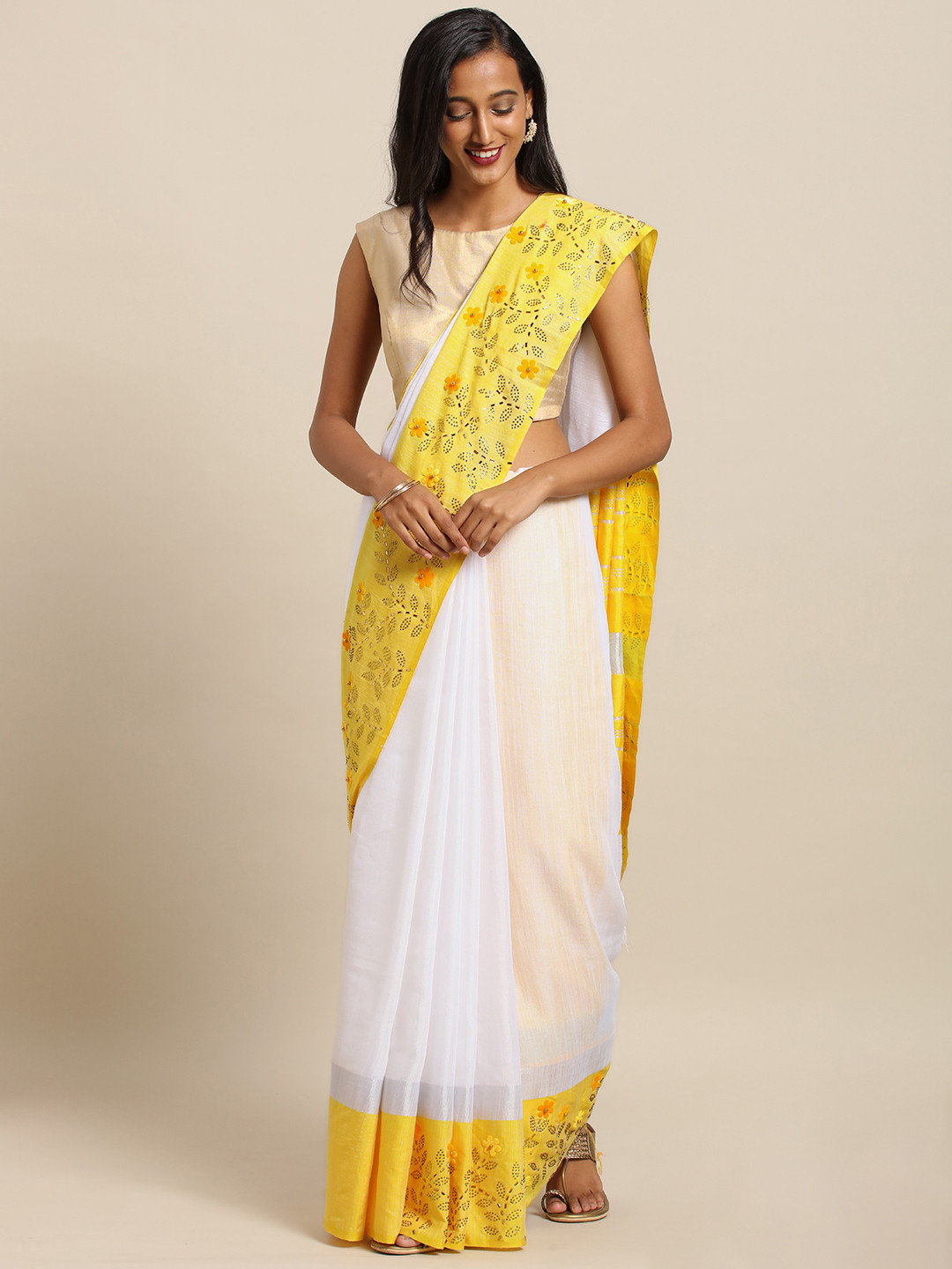 

VASTRANAND White & Yellow Linen Blend Solid Embellished Border Khadi Saree