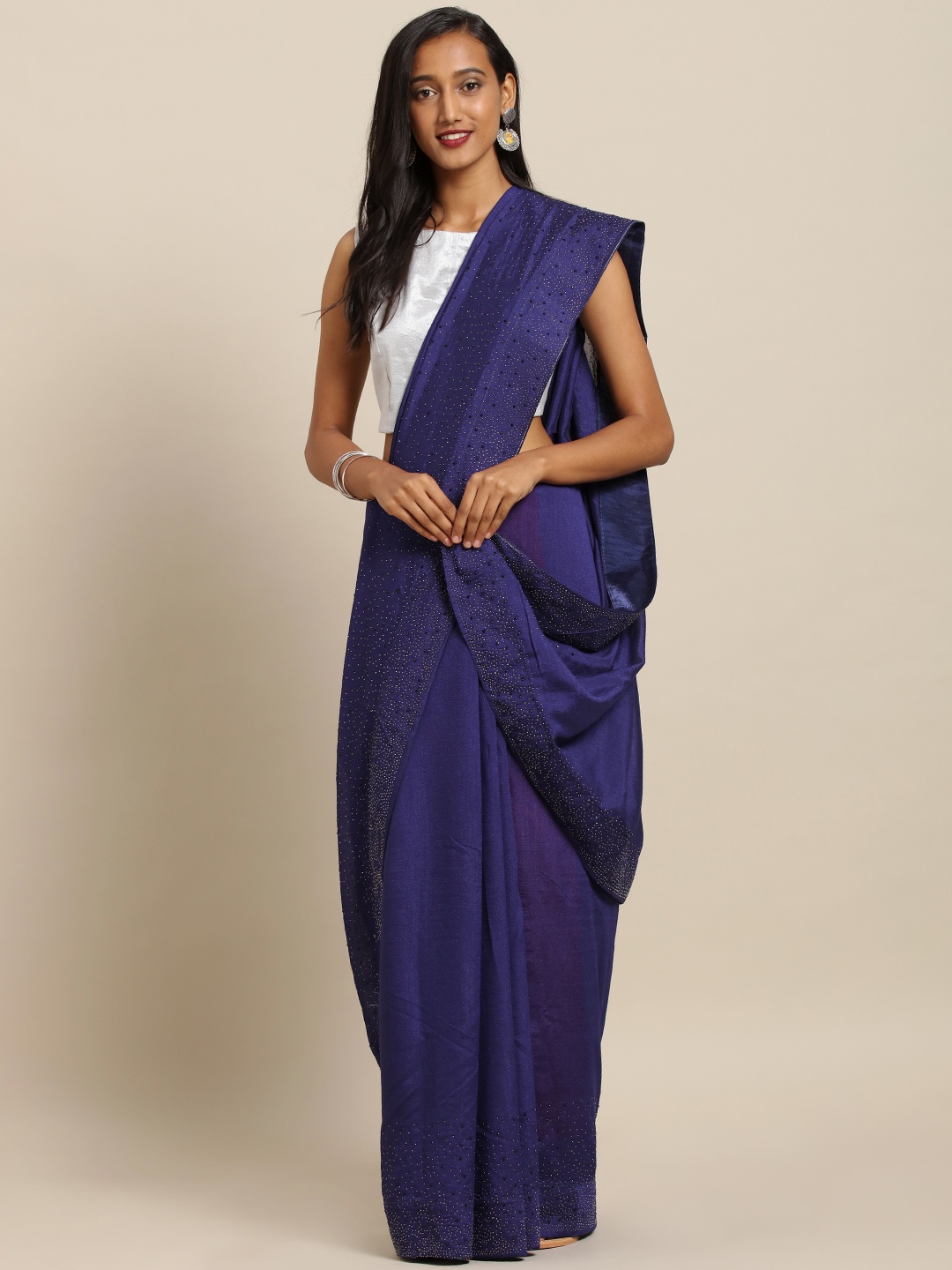 

VASTRANAND Navy Blue Solid Poly Silk Saree with Embellishments
