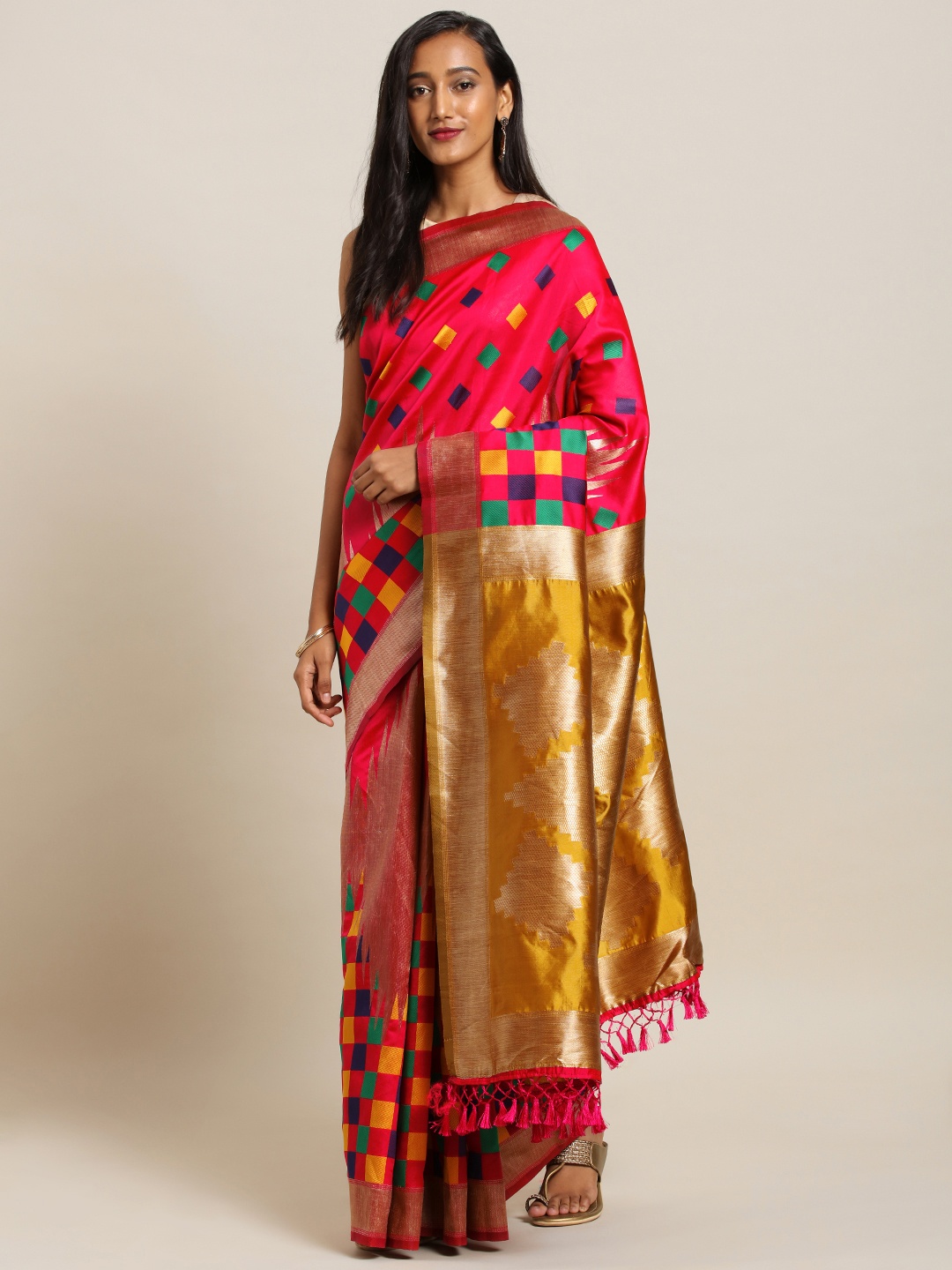 

VASTRANAND Pink & Mustard Yellow Silk Blend Woven Design Banarasi Saree