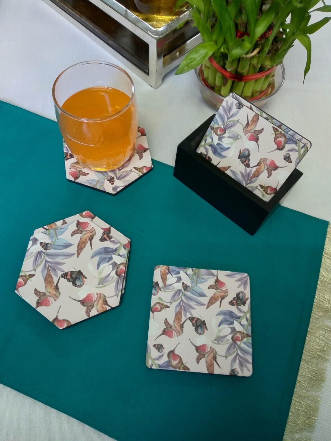 

CRAYTON Set of 6 White & Blue Bird Floral MDF Coasters with Holder