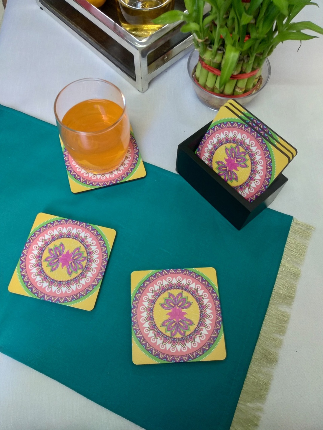 

CRAYTON Set of 6 Yellow & Pink Printed Square Madhuban Pattern Coasters with Holder