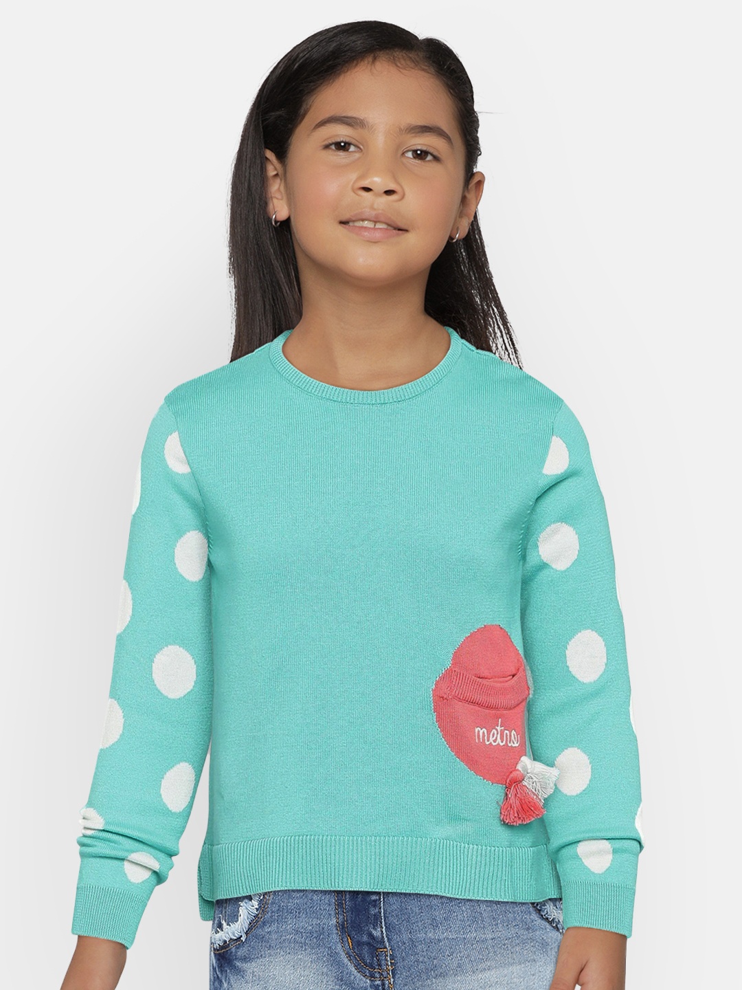 

METRO KIDS COMPANY Girls Turquoise Blue & White Printed Pullover Sweater