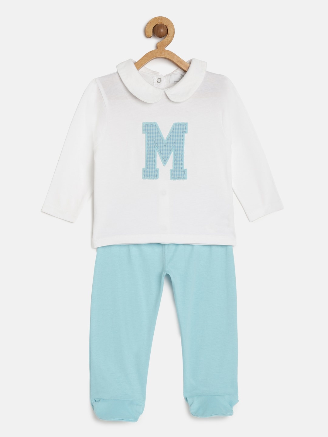 

METRO KIDS COMPANY Boys White & Blue Organic Cotton Self Design T-shirt with Pyjamas