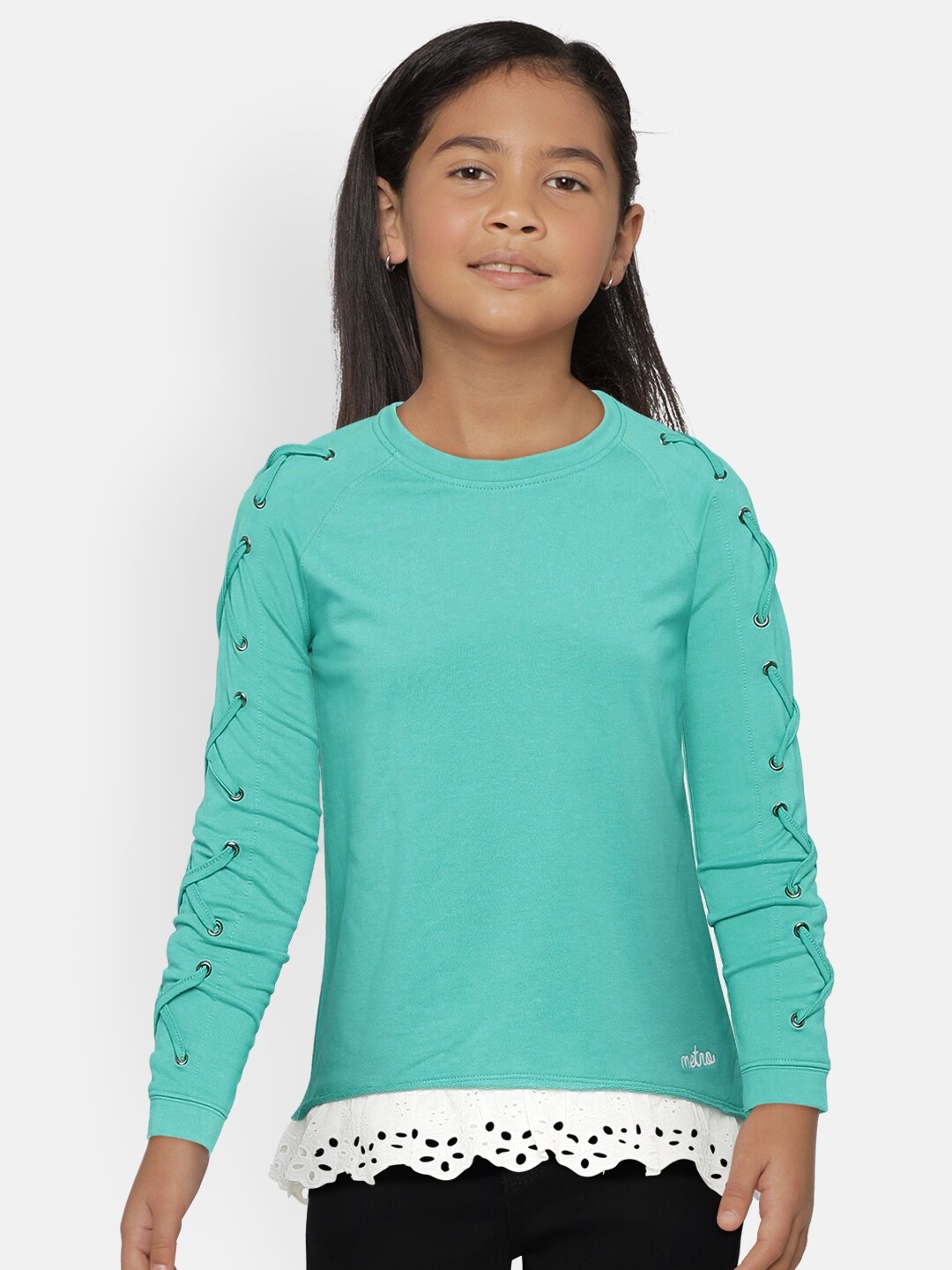 

METRO KIDS COMPANY Girls Turquoise Blue Solid Organic Cotton Sweatshirt With Lace