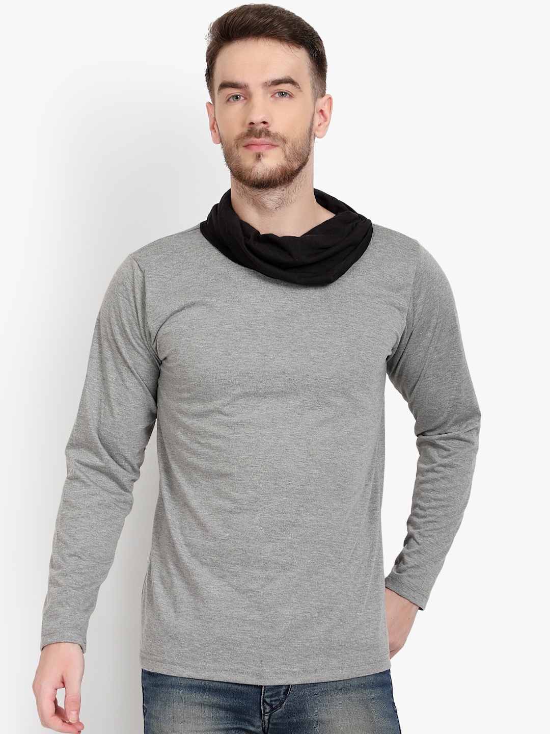

PAUSE SPORT Men Grey Black Colourblocked Turtle Neck Pure Cotton T-shirt
