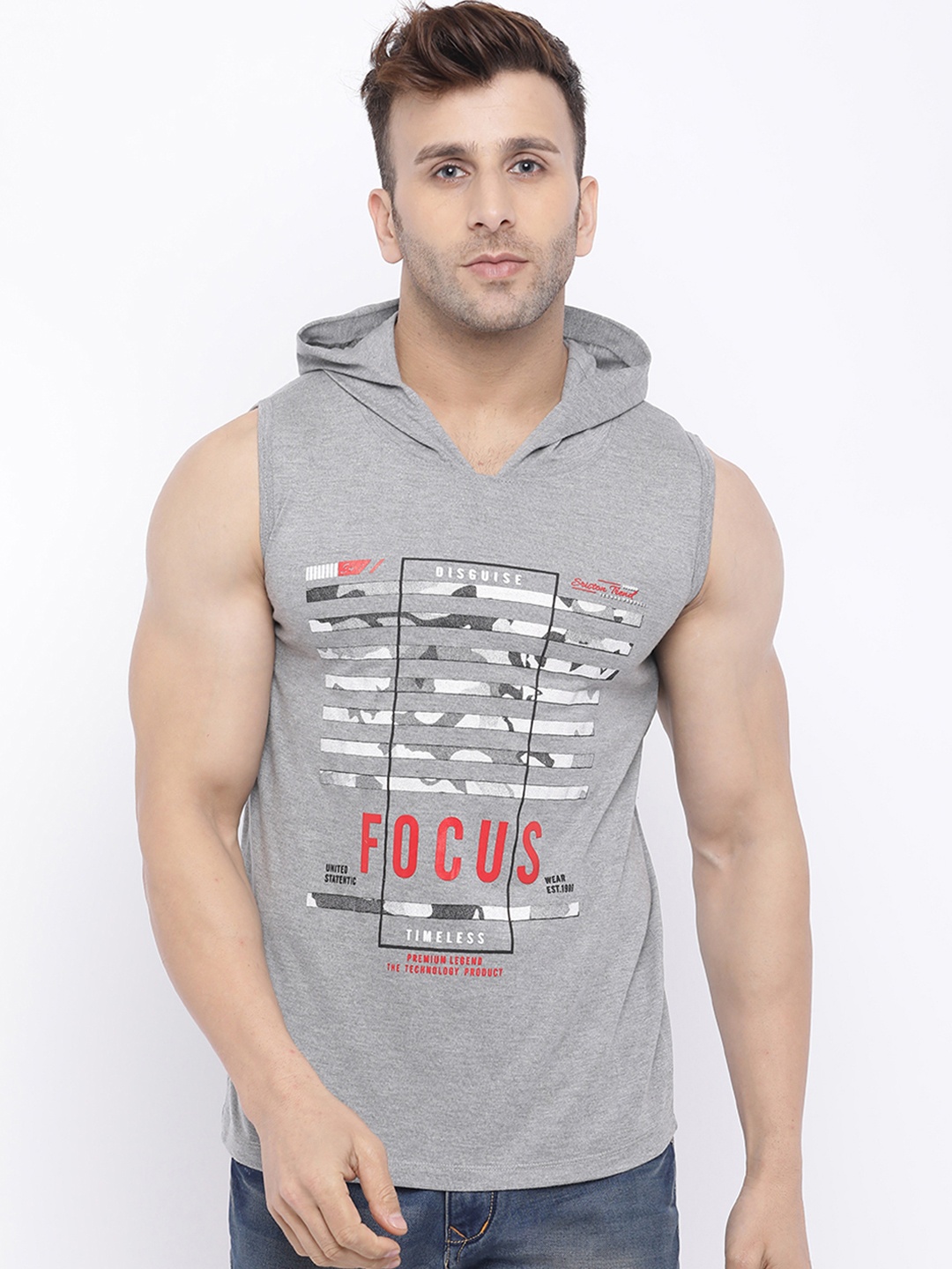 

Chkokko Men Grey Printed Hood Gym Tank T-shirt