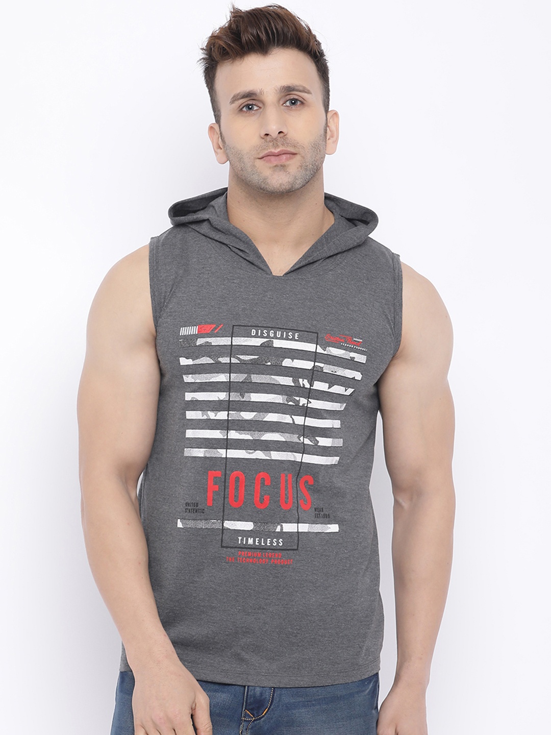 

CHKOKKO Men Grey Printed Hood T-shirt