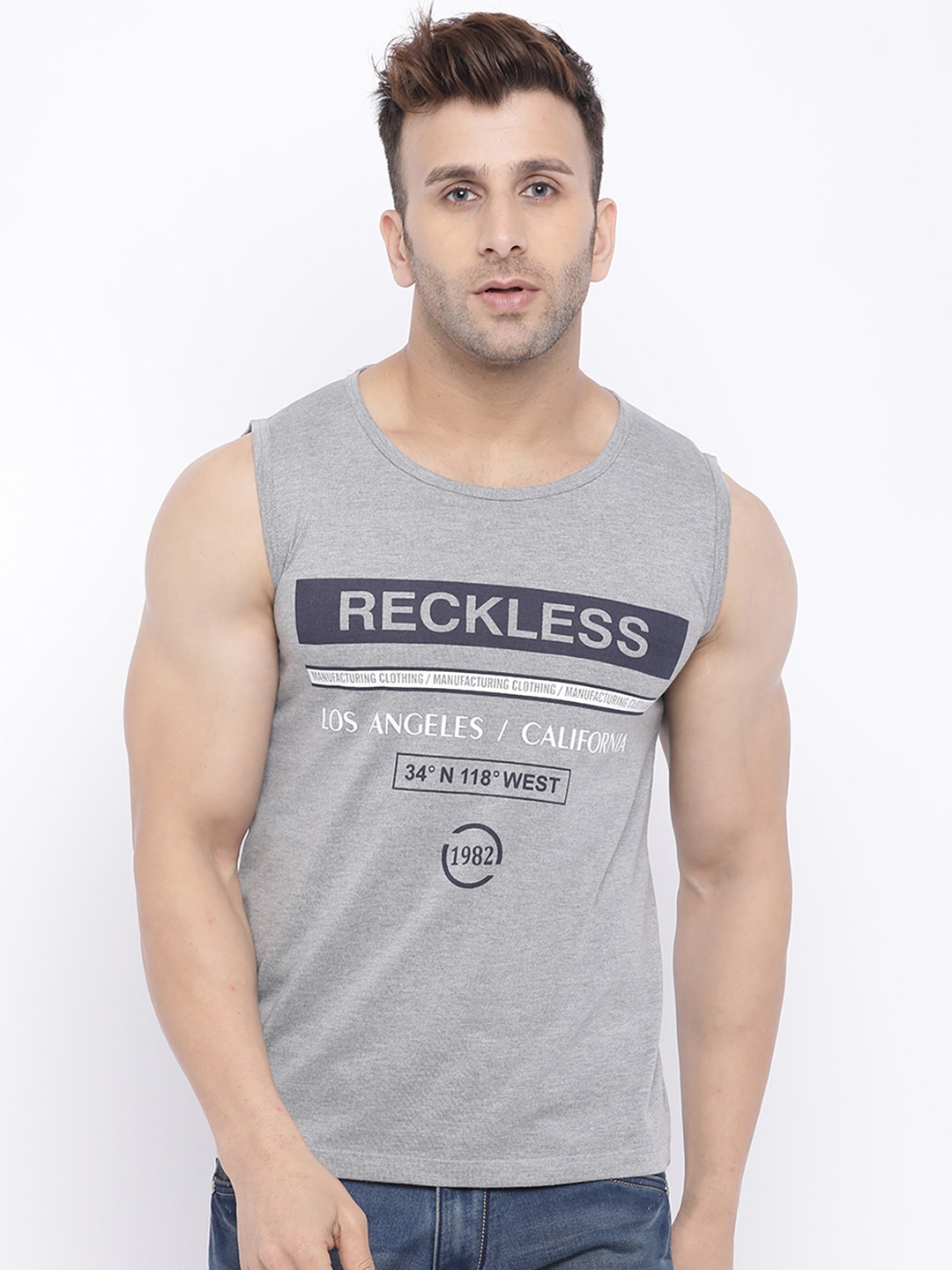 

Chkokko Men Grey Printed Round Neck T-shirt