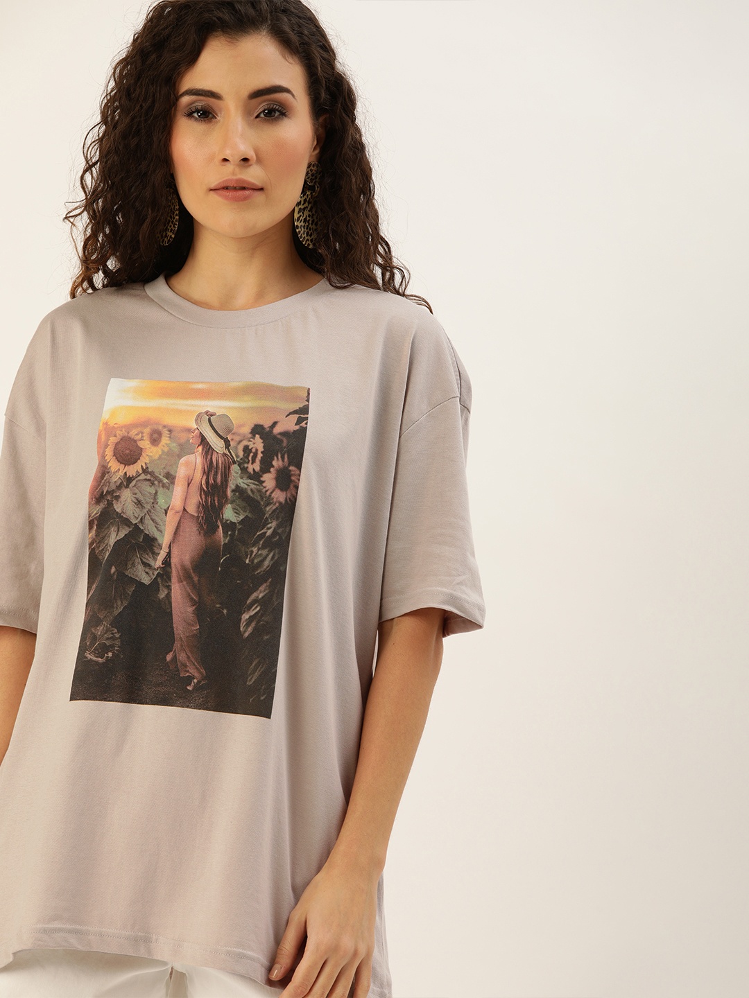 

Moda Rapido Women Grey Graphic Printed Longline Cotton Pure Cotton T-shirt
