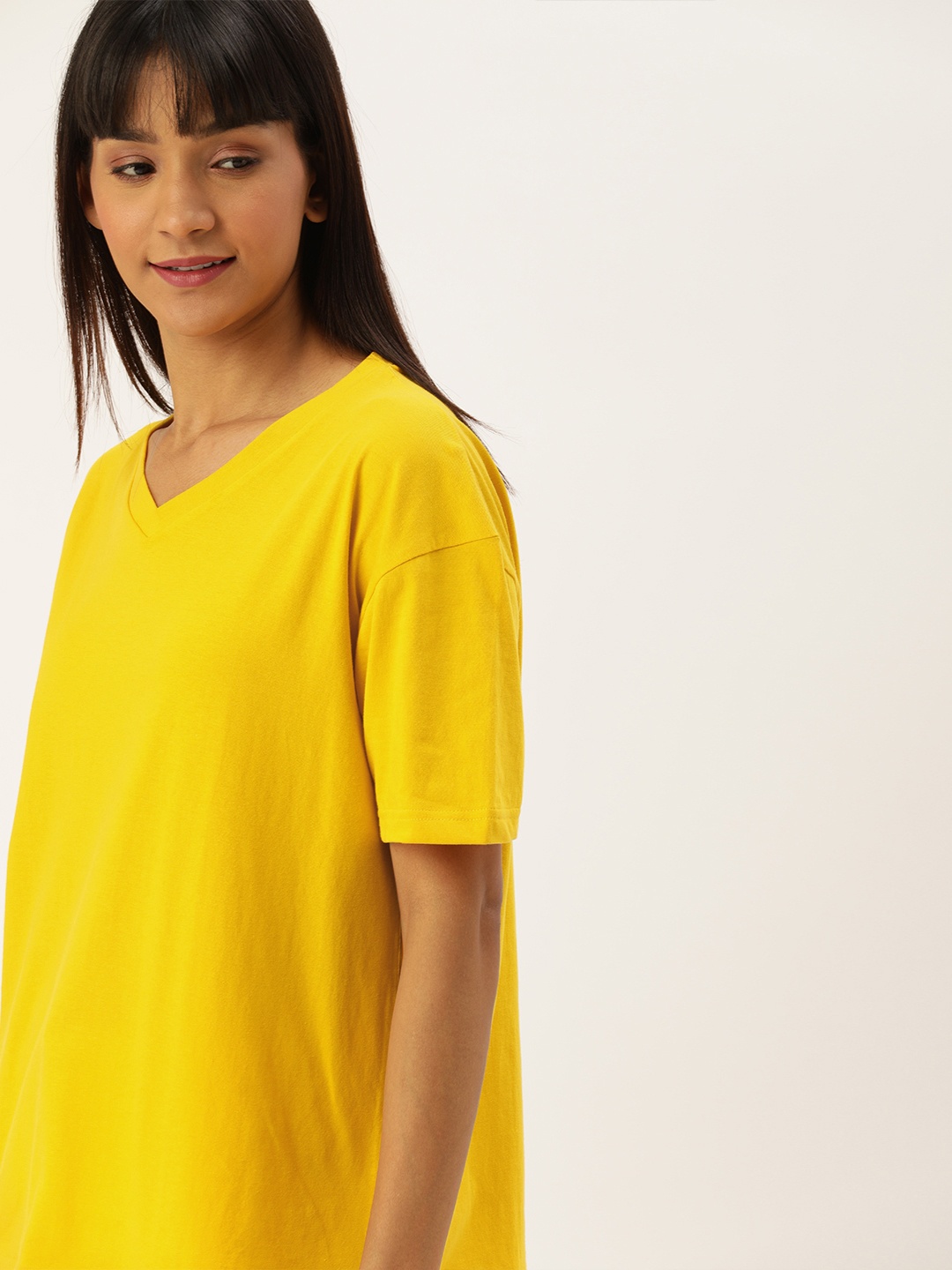 

Moda Rapido Women Yellow Solid V-Neck Drop-Shoulder Pure Cotton T-shirt