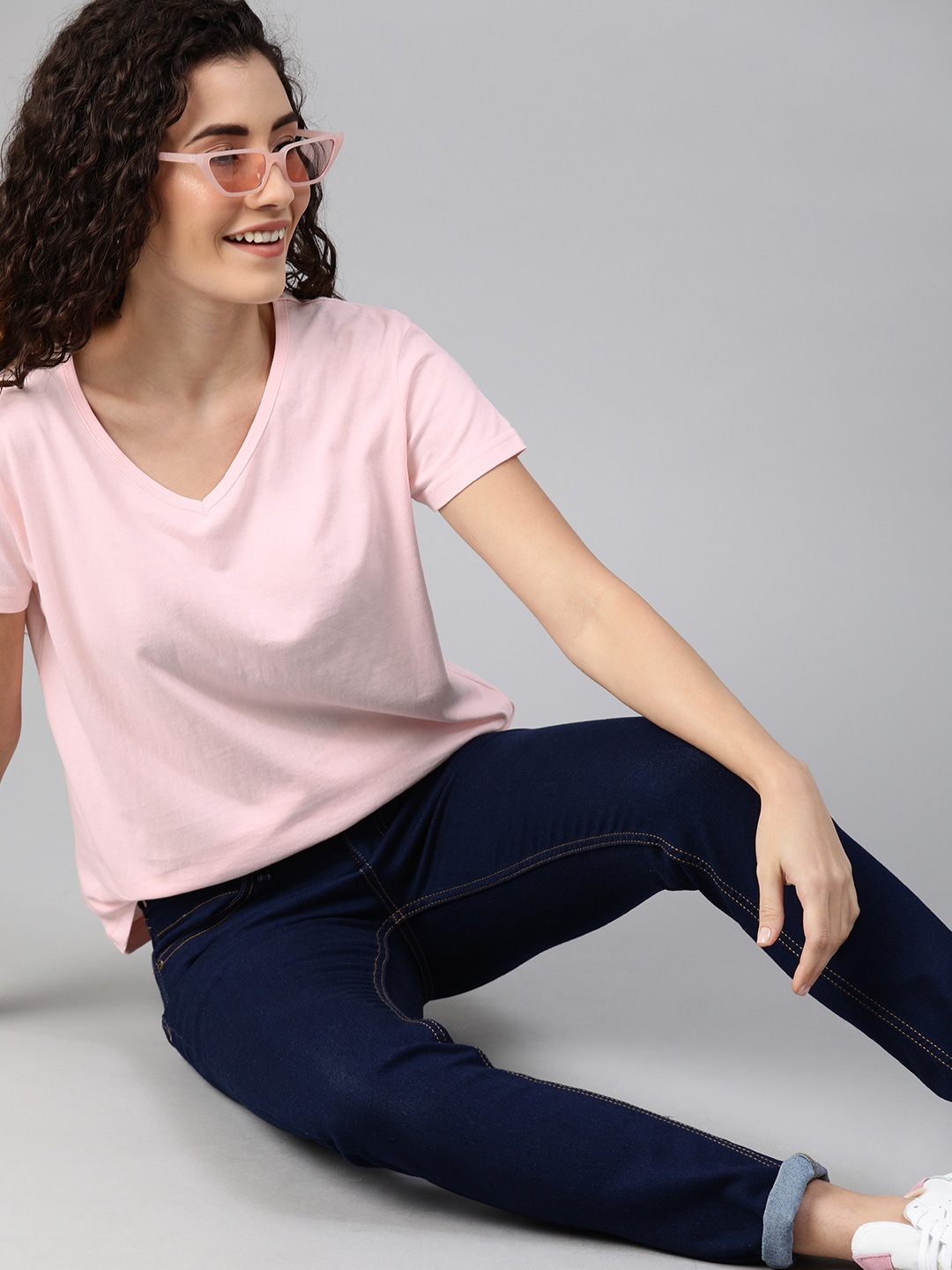 

HERENOW Women Pink Solid Round Neck Pure Cotton T-shirt