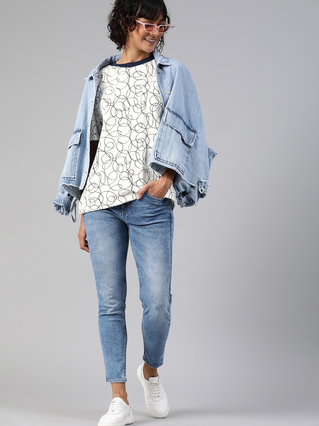 

HERE&NOW Women White Printed Round Neck T-shirt