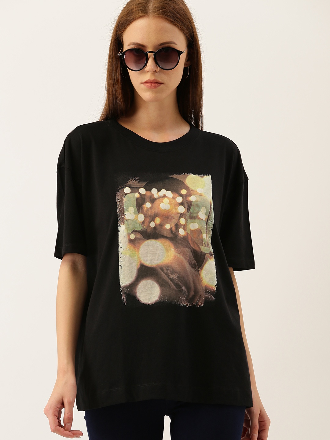 

Moda Rapido Women Black Printed Round Neck Boxy Pure Cotton T-shirt