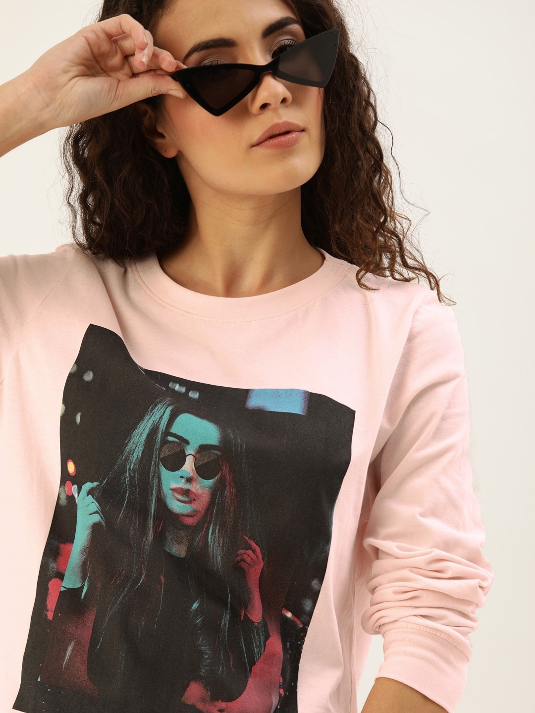 

Moda Rapido Women Pink Graphic Printed Round Neck Longline Pure Cotton T-shirt