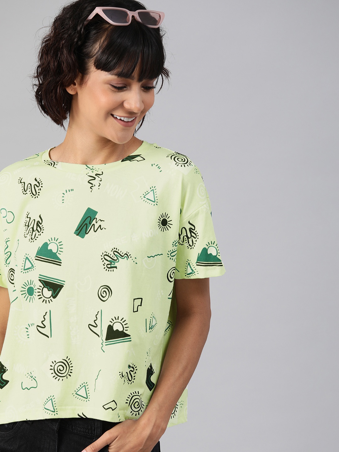 

HERE&NOW Women Green Printed Round Neck T-shirt