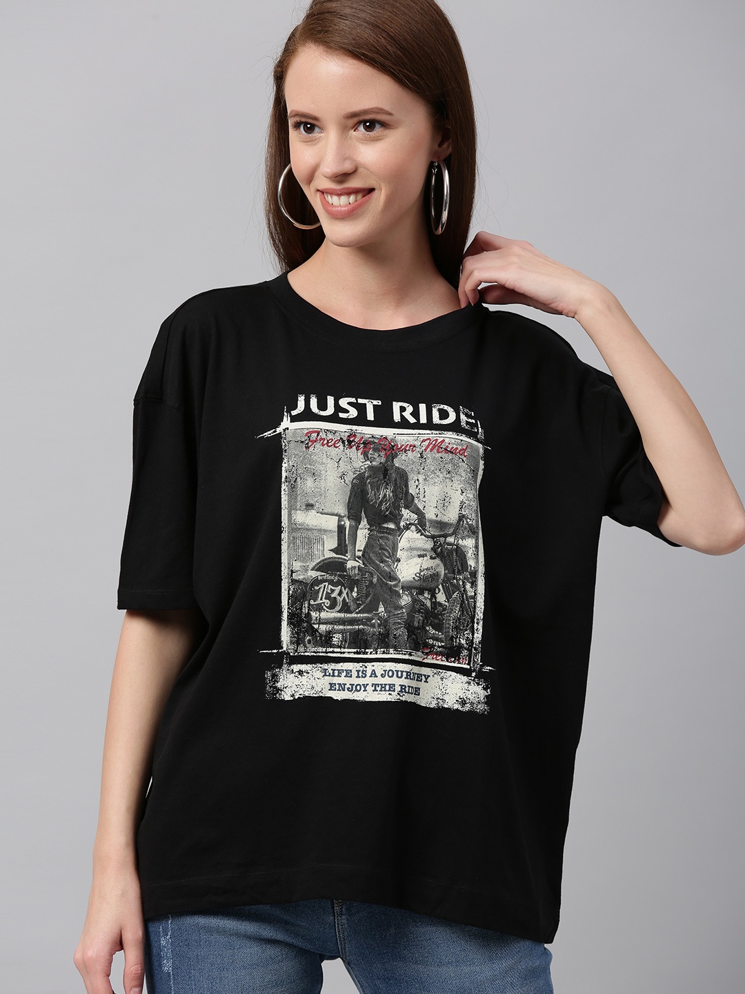

HERENOW Women Black Printed Round Neck Boxy Pure Cotton T-shirt