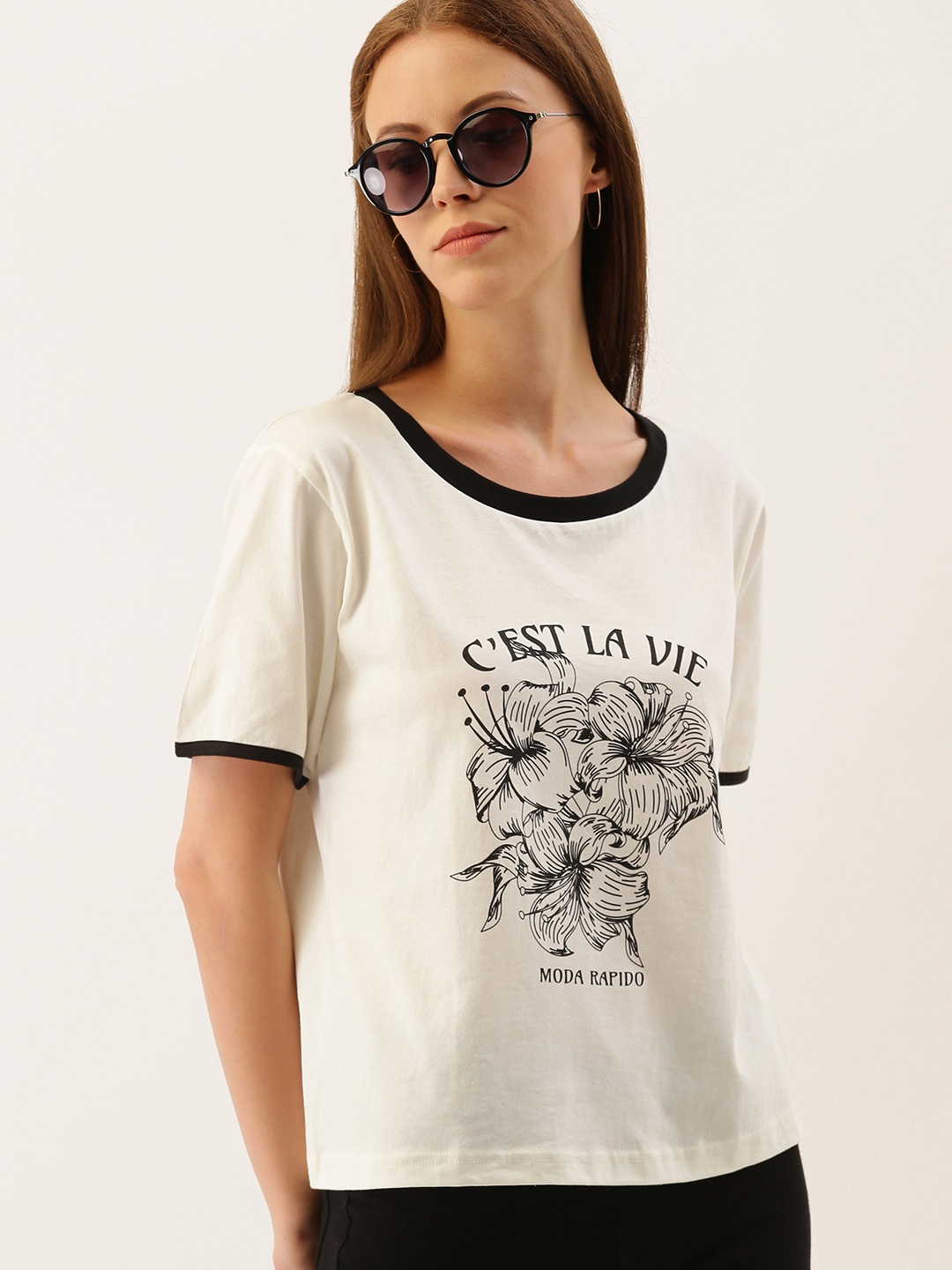 

Moda Rapido Women Off-White Printed Round Neck Pure Cotton T-shirt