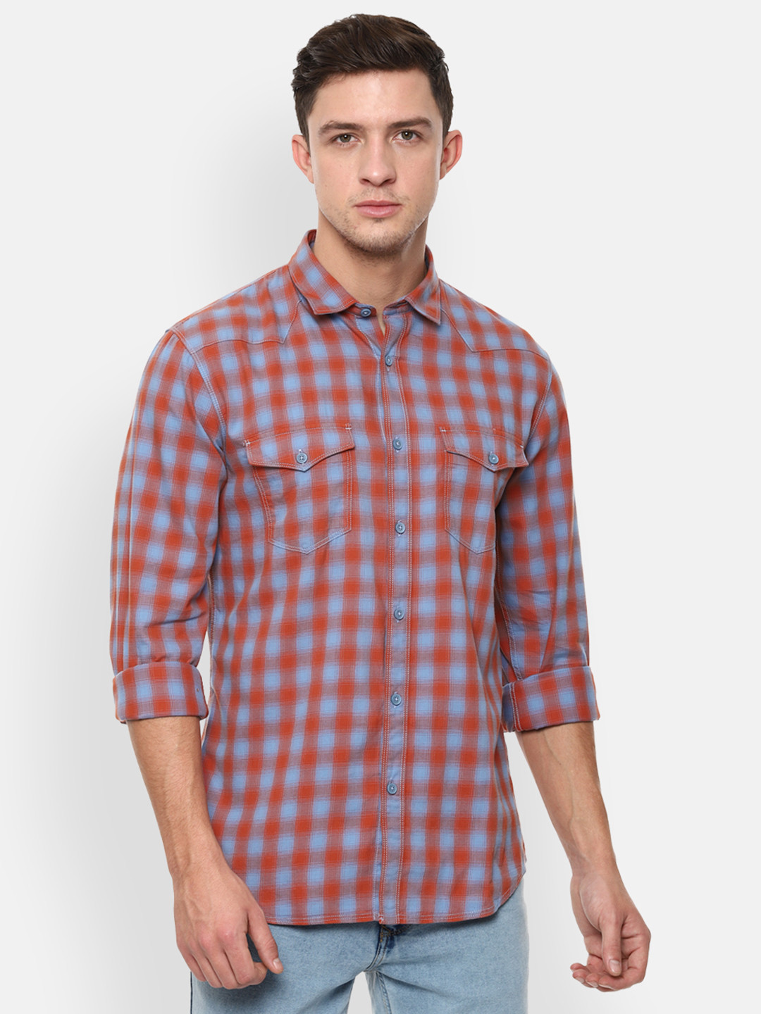 

Louis Philippe Jeans Men Orange & Blue Slim Fit Checked Casual Shirt