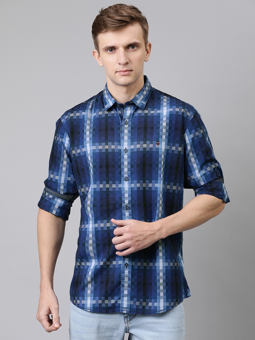 

Louis Philippe Jeans Men Blue & Grey Slim Fit Checked Casual Shirt