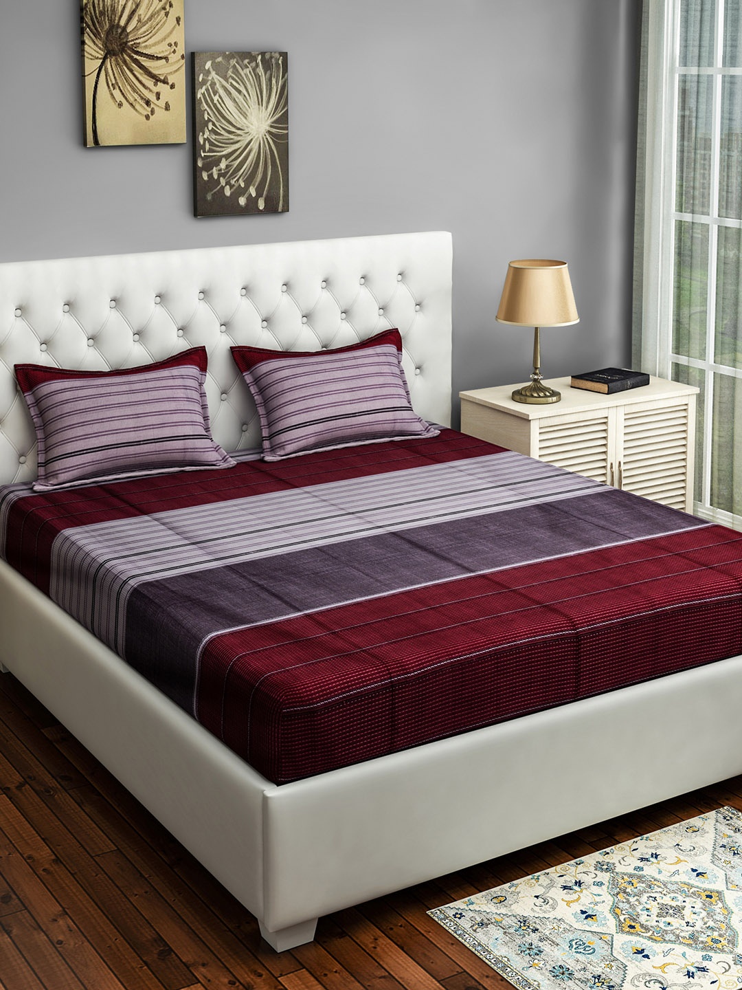 

SWAYAM Maroon & Grey Striped 200 TC Cotton 1 Queen Bedsheet with 2 Pillow Covers