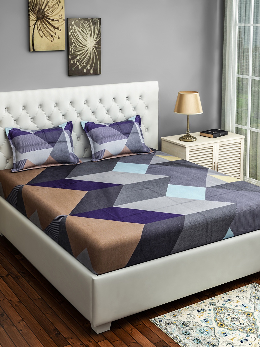 

SWAYAM Grey & Blue Geometric 200 TC Cotton 1 Queen Bedsheet with 2 Pillow Covers