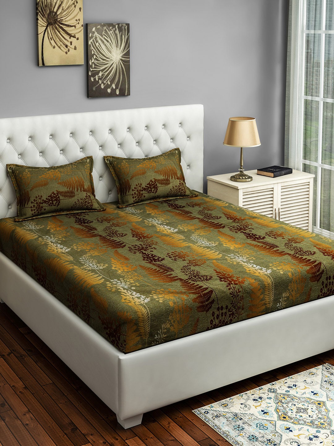 

SWAYAM Green & Gold-Toned Floral 250 TC Cotton 1 Queen Bedsheet with 2 Pillow Covers