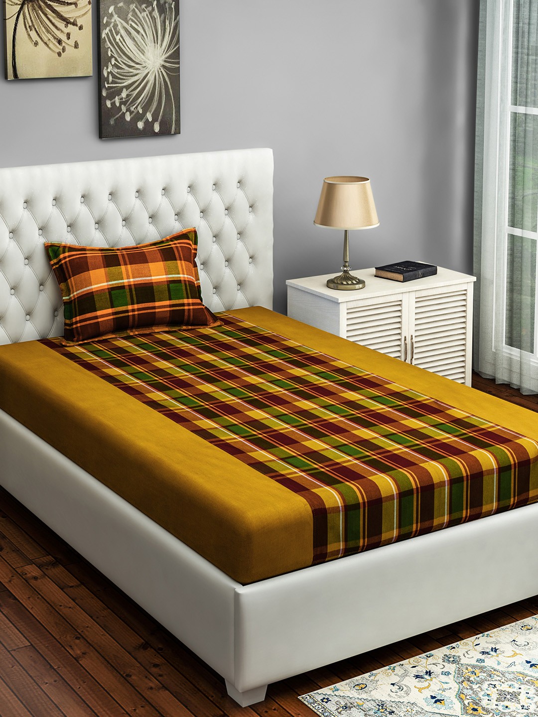 

SWAYAM Yellow & Brown Checked 180 TC Cotton 1 Single Bedsheet with 1 Pillow Covers