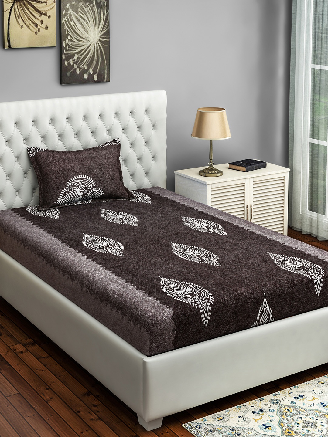 

SWAYAM Charcoal Ethnic Motifs 250 TC Cotton 1 Single Bedsheet with 1 Pillow Cover