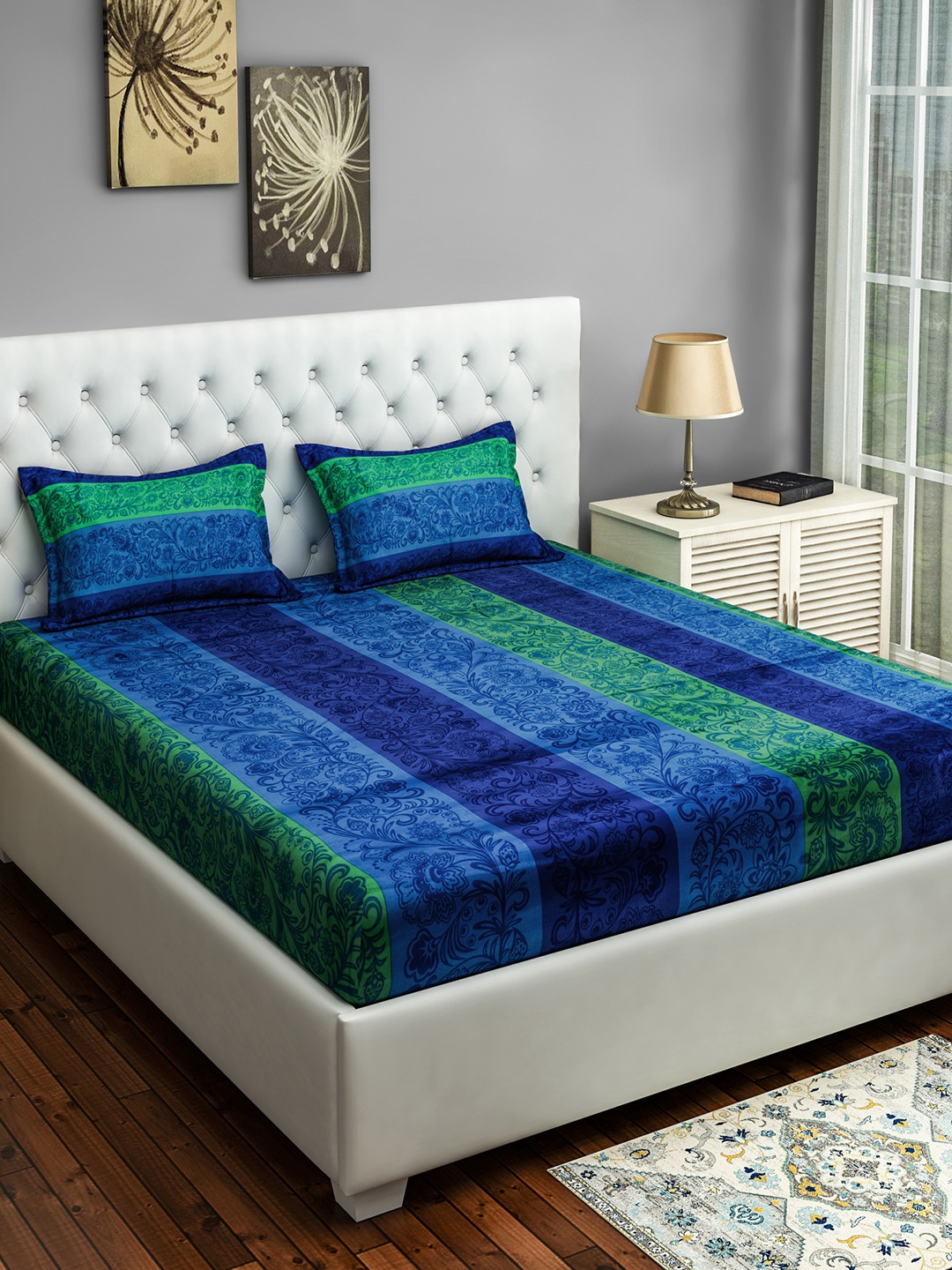 

SWAYAM Blue & Green Floral 250 TC Cotton 1 Queen Bedsheet with 2 Pillow Covers