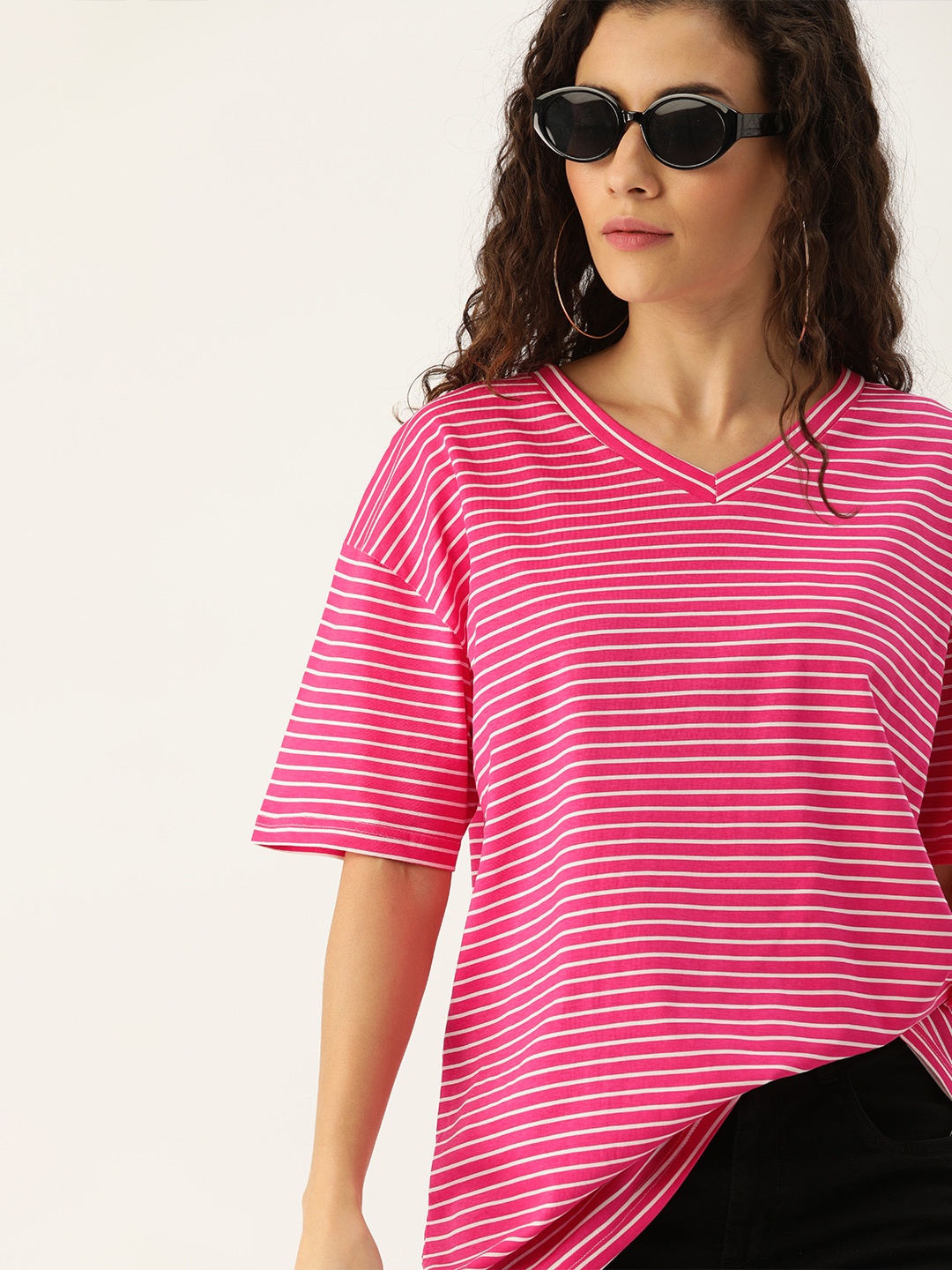 

Moda Rapido Women Pink & White Striped V-Neck T-shirt