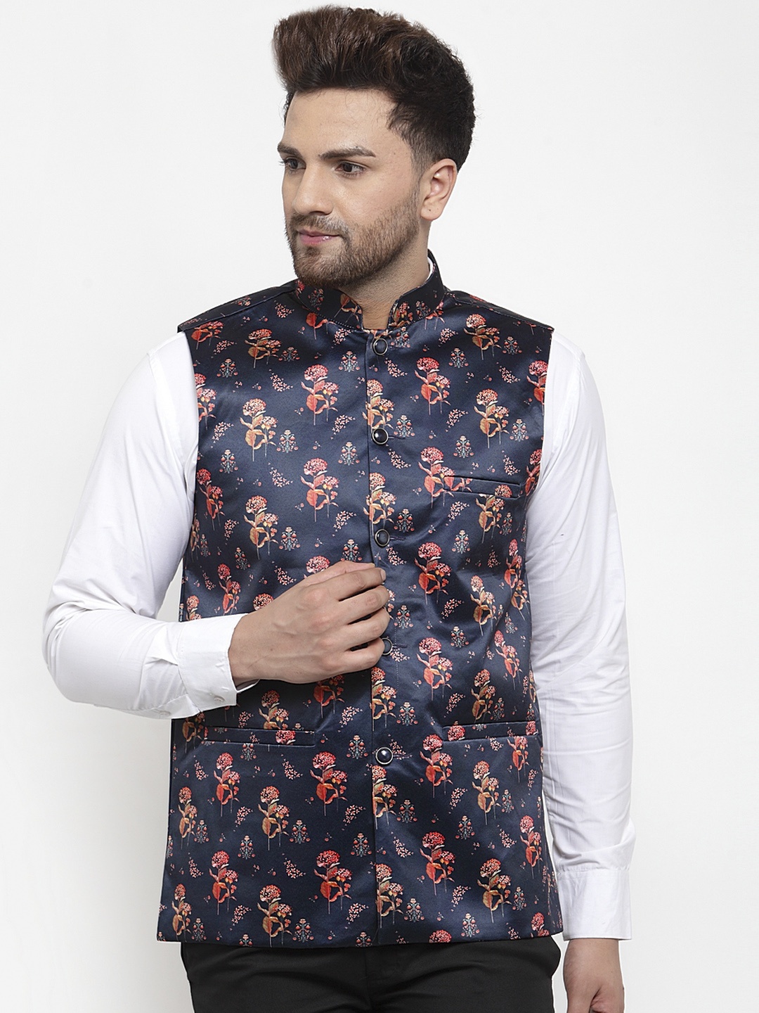 

Jompers Men Navy Blue Printed Nehru Jacket