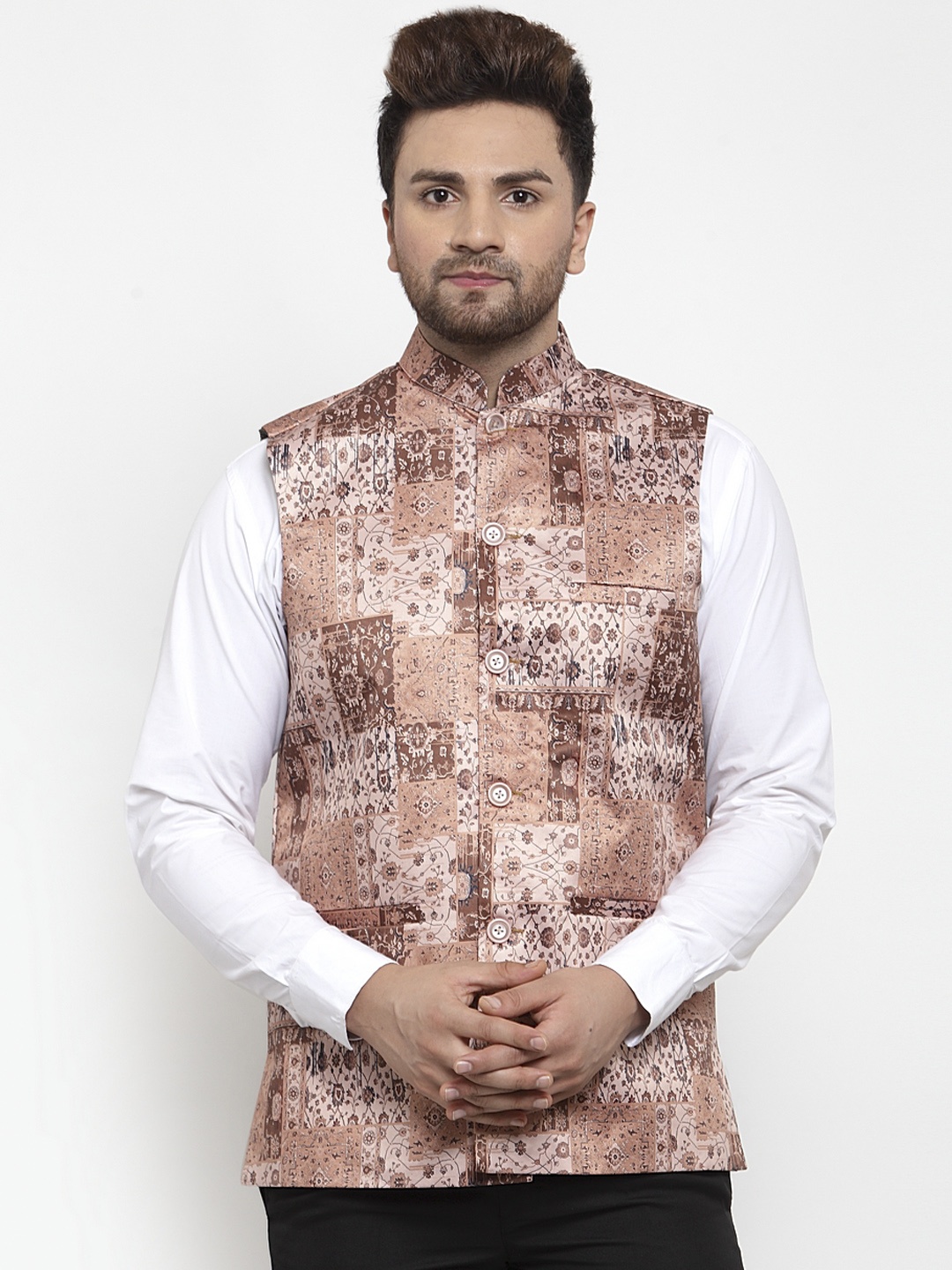 

Jompers Men Beige & Brown Floral Print Nehru Jacket