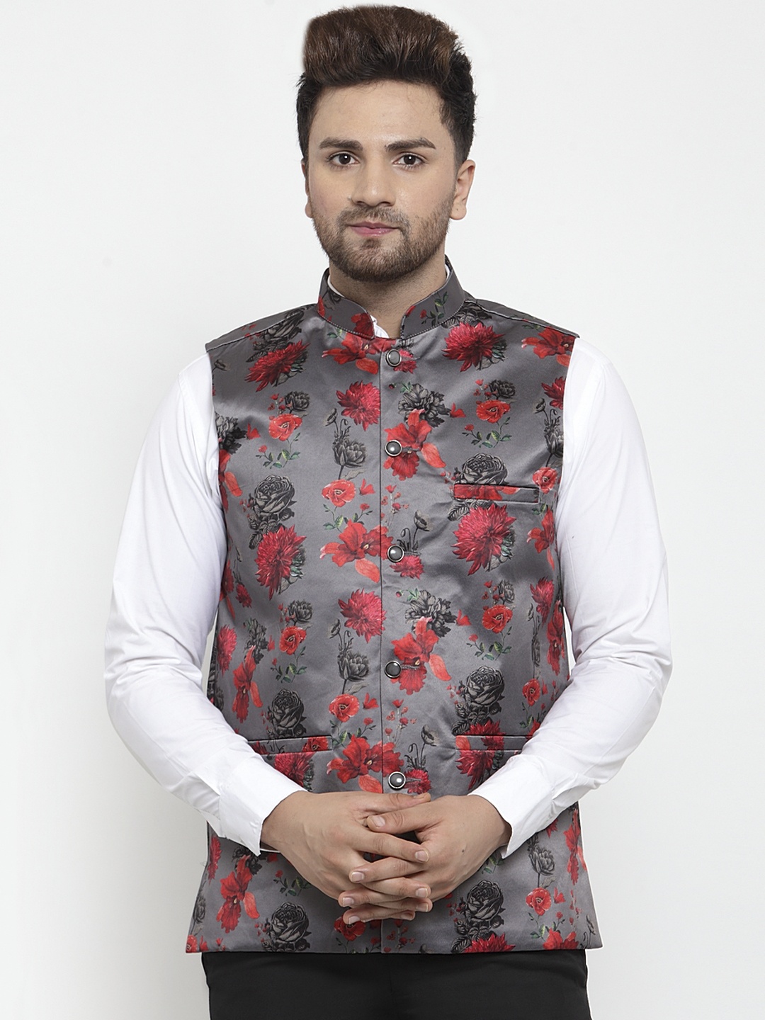 

Jompers Men Grey & Red Floral Printed Slim Fit Nehru Jacket