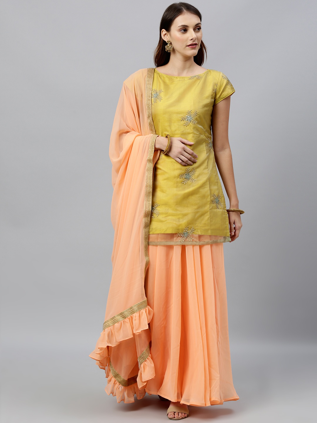 

Ethnovog Women Mustard Yellow Peach-Colour Made To Measure Embroidered Kurta Set
