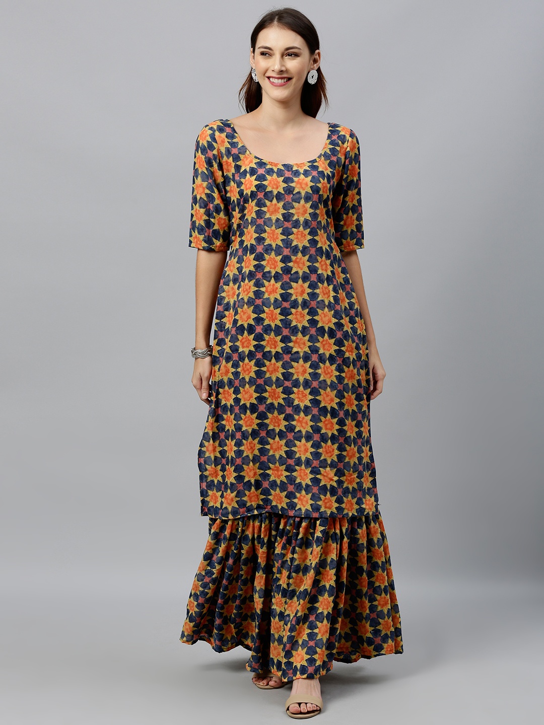 

Ethnovog Women Yellow Navy Blue Printed Made To Measure Kurta with Sharara